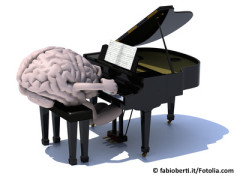 brain with arms and legs playing a piano